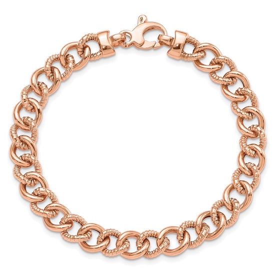 14K Rose Gold Polished And Textured Fancy Link Bracelet