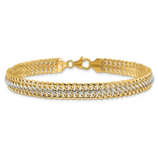14K and White Rhodium Polished 7.4mm Fancy Link 8 inch Bracelet