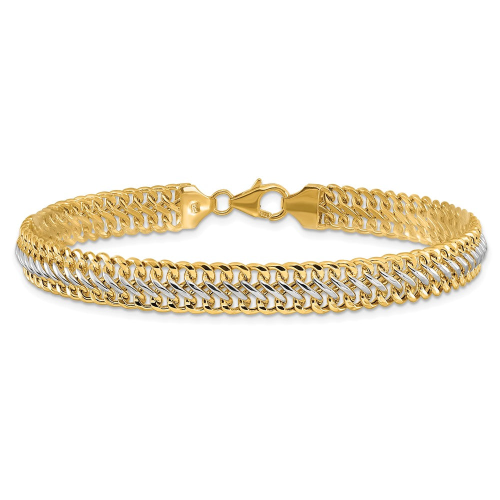 14K and White Rhodium Polished 7.4mm Fancy Link 8 inch Bracelet