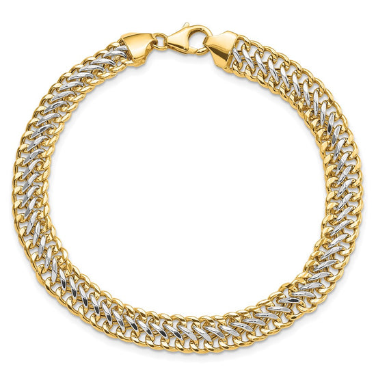 14K and White Rhodium Polished 7.4mm Fancy Link 8 inch Bracelet
