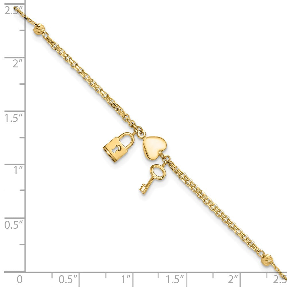 14K Polished and Diamond-cut Heart Lock and Key 7 inch Bracelet Plus 0.5 inch Extender