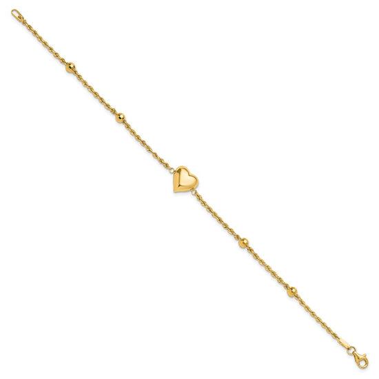 14k Polished and Diamond-cut Beaded Puffed Heart 7.75 inch Bracelet