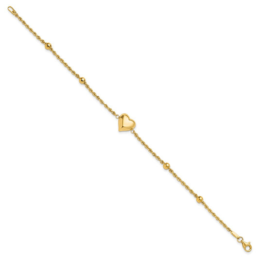 14k Polished and Diamond-cut Beaded Puffed Heart 7.75 inch Bracelet