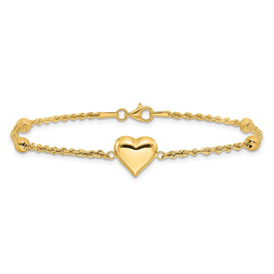 14k Polished and Diamond-cut Beaded Puffed Heart 7.75 inch Bracelet