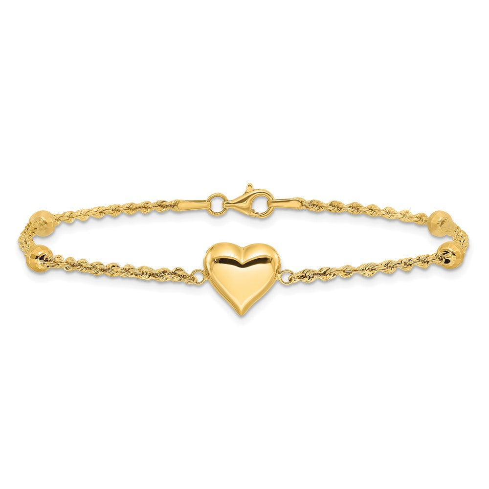 14k Polished and Diamond-cut Beaded Puffed Heart 7.75 inch Bracelet