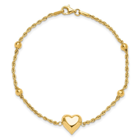 14k Polished and Diamond-cut Beaded Puffed Heart 7.75 inch Bracelet