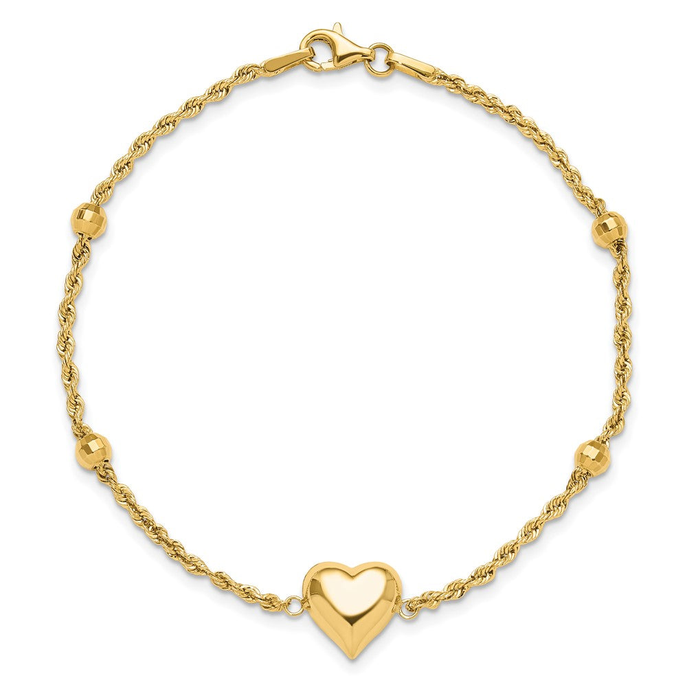 14k Polished and Diamond-cut Beaded Puffed Heart 7.75 inch Bracelet