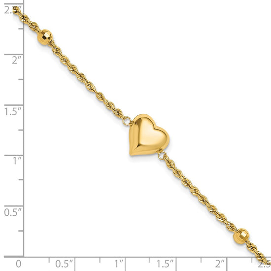 14k Polished and Diamond-cut Beaded Puffed Heart 7.75 inch Bracelet