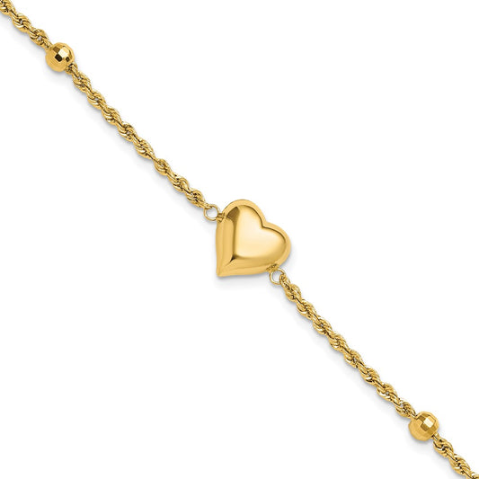 14k Polished and Diamond-cut Beaded Puffed Heart 7.75 inch Bracelet