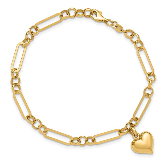 14K Polished Puffed Heart Charm Dangle Figaro Link 7.5 inch Bracelet