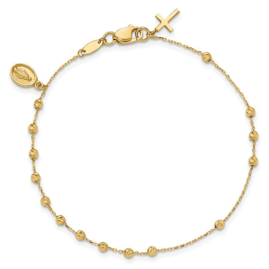 14K Polished and Diamond-cut Miraculous Medal and Cross 7.5 inch Rosary Bracelet