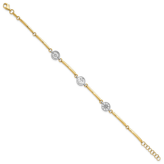 14K Two-tone Polished Compass/Anchor/Ships Wheel 7 inch Bracelet Plus 1 inch Extender