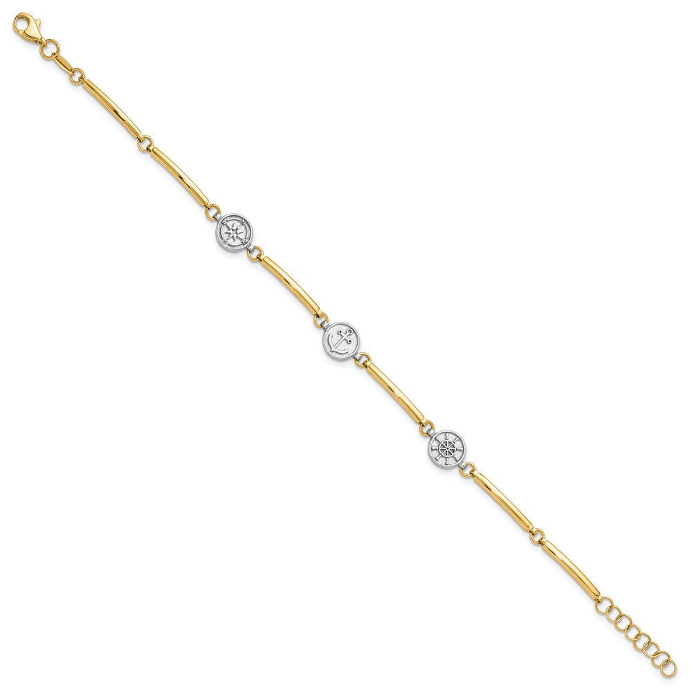 14K Two-tone Polished Compass/Anchor/Ships Wheel 7 inch Bracelet Plus 1 inch Extender