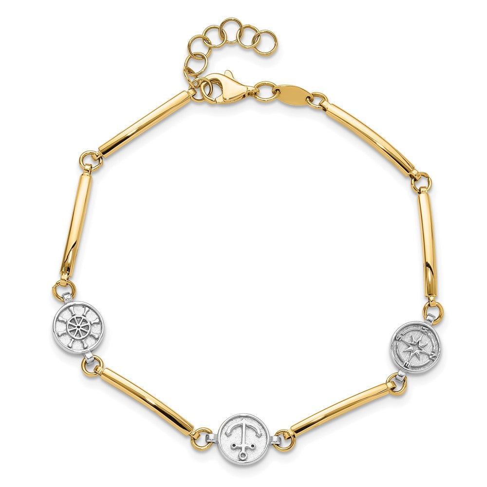 14K Two-tone Polished Compass/Anchor/Ships Wheel 7 inch Bracelet Plus 1 inch Extender