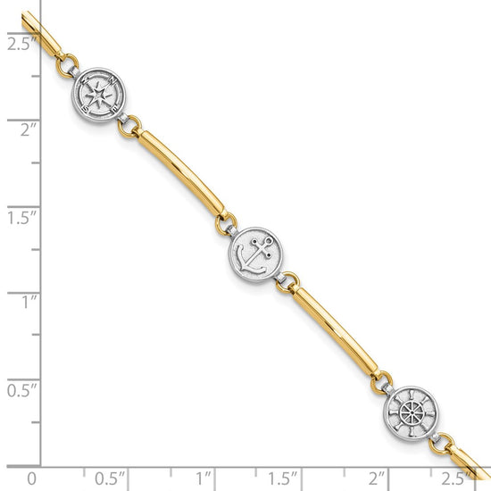 14K Two-tone Polished Compass/Anchor/Ships Wheel 7 inch Bracelet Plus 1 inch Extender