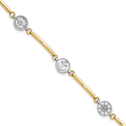 14K Two-tone Polished Compass/Anchor/Ships Wheel 7 inch Bracelet Plus 1 inch Extender