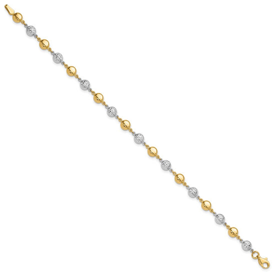 14K Two-tone Polished and Diamond-cut Puffed Beads 7.75 inch Bracelet