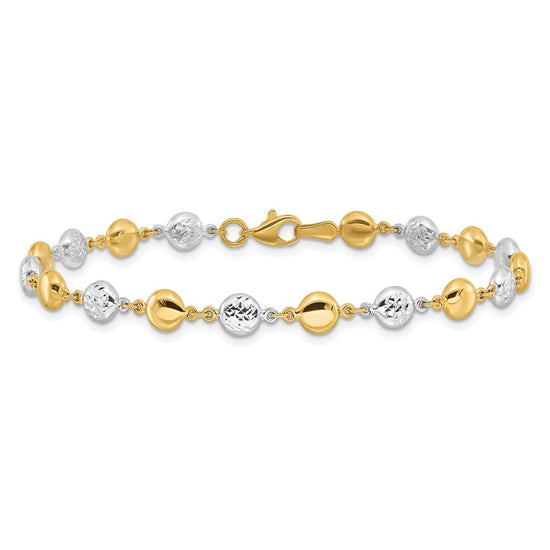14K Two-tone Polished and Diamond-cut Puffed Beads 7.75 inch Bracelet