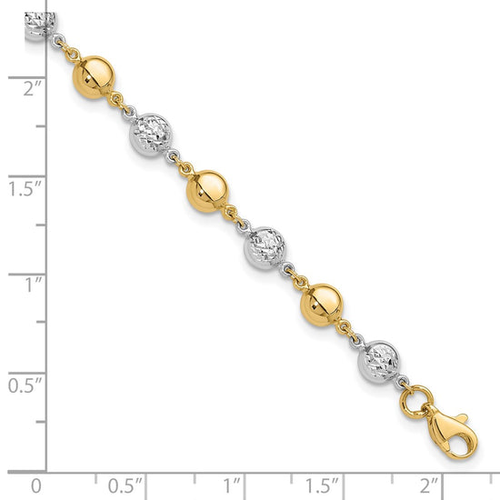 14K Two-tone Polished and Diamond-cut Puffed Beads 7.75 inch Bracelet