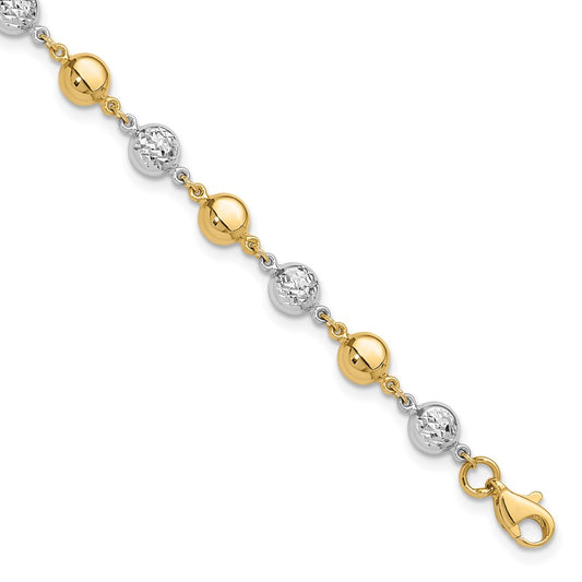 14K Two-tone Polished and Diamond-cut Puffed Beads 7.75 inch Bracelet