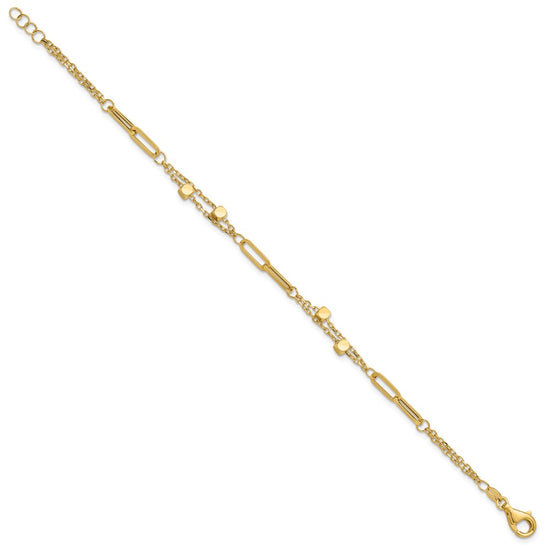 14K Polished Square Beads and Paperclip Link 7 inch Bracelet Plus 0.5 inch Extender