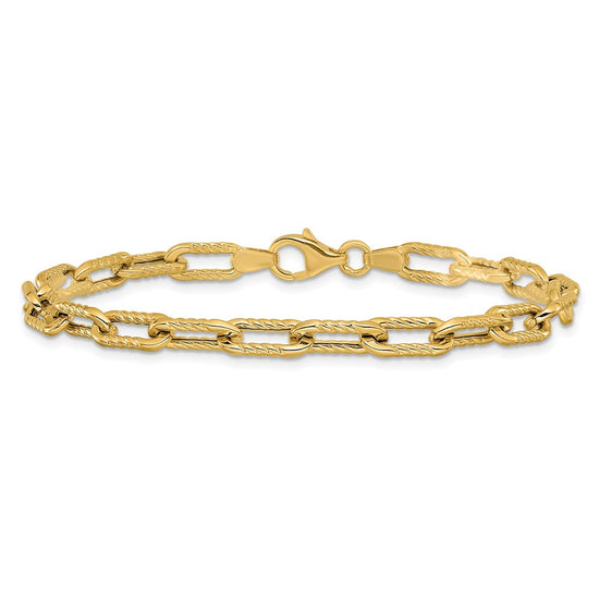 14K Polished and Textured 5mm Fancy Cable Link 7.5 inch Bracelet