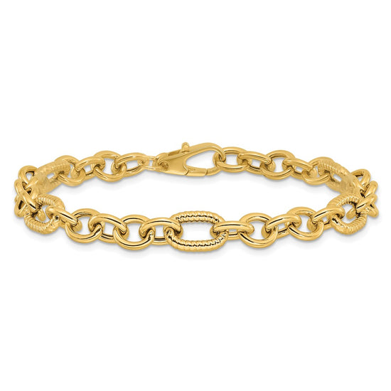 14K Polished and Textured 6.4mm Fancy Link 7.5 inch Bracelet