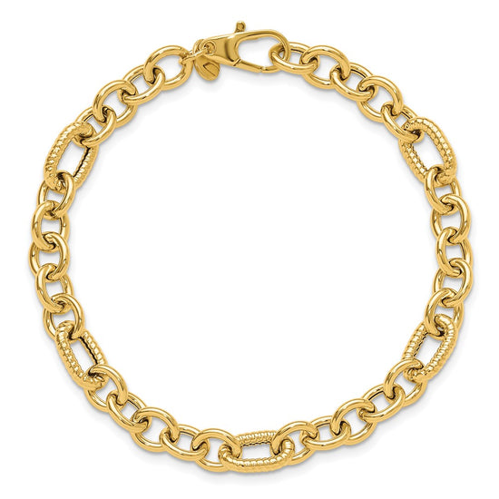 14K Polished and Textured 6.4mm Fancy Link 7.5 inch Bracelet