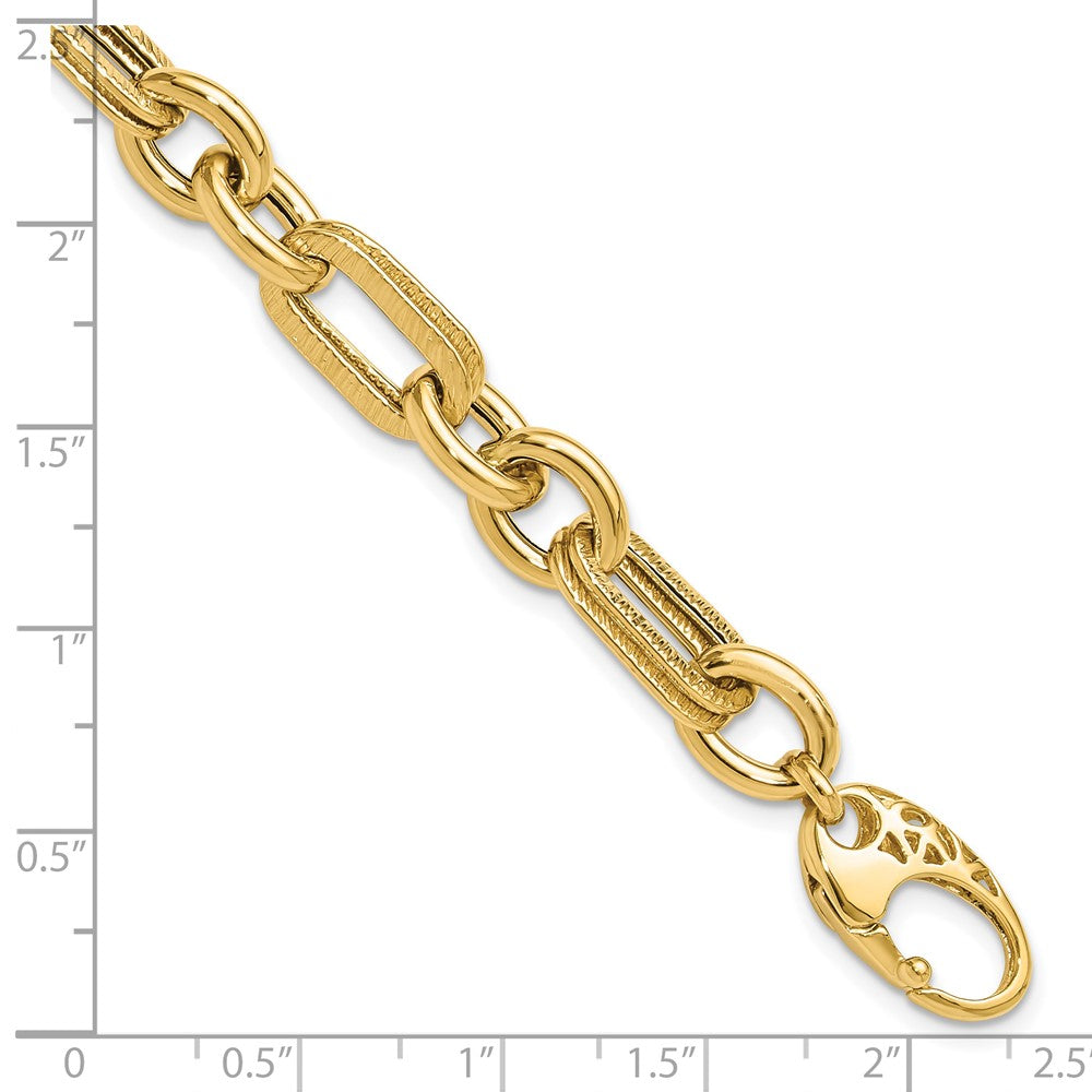 14K Polished and Textured 7.7mm Fancy Link 7.5 inch Bracelet