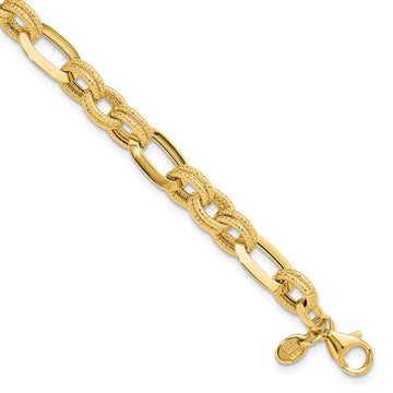 14K Polished and Textured 7.8mm Fancy Link 7.5 inch Bracelet