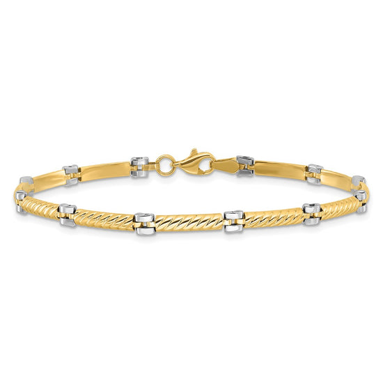 14K Two-tone Polished 3.5mm Fancy Twisted Bar Link 7.75 inch Bracelet