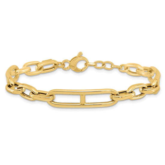 14K Polished 7.4mm Fancy Paperclip Link 7.5 inch Bracelet Plus 0.5 inch Extender
