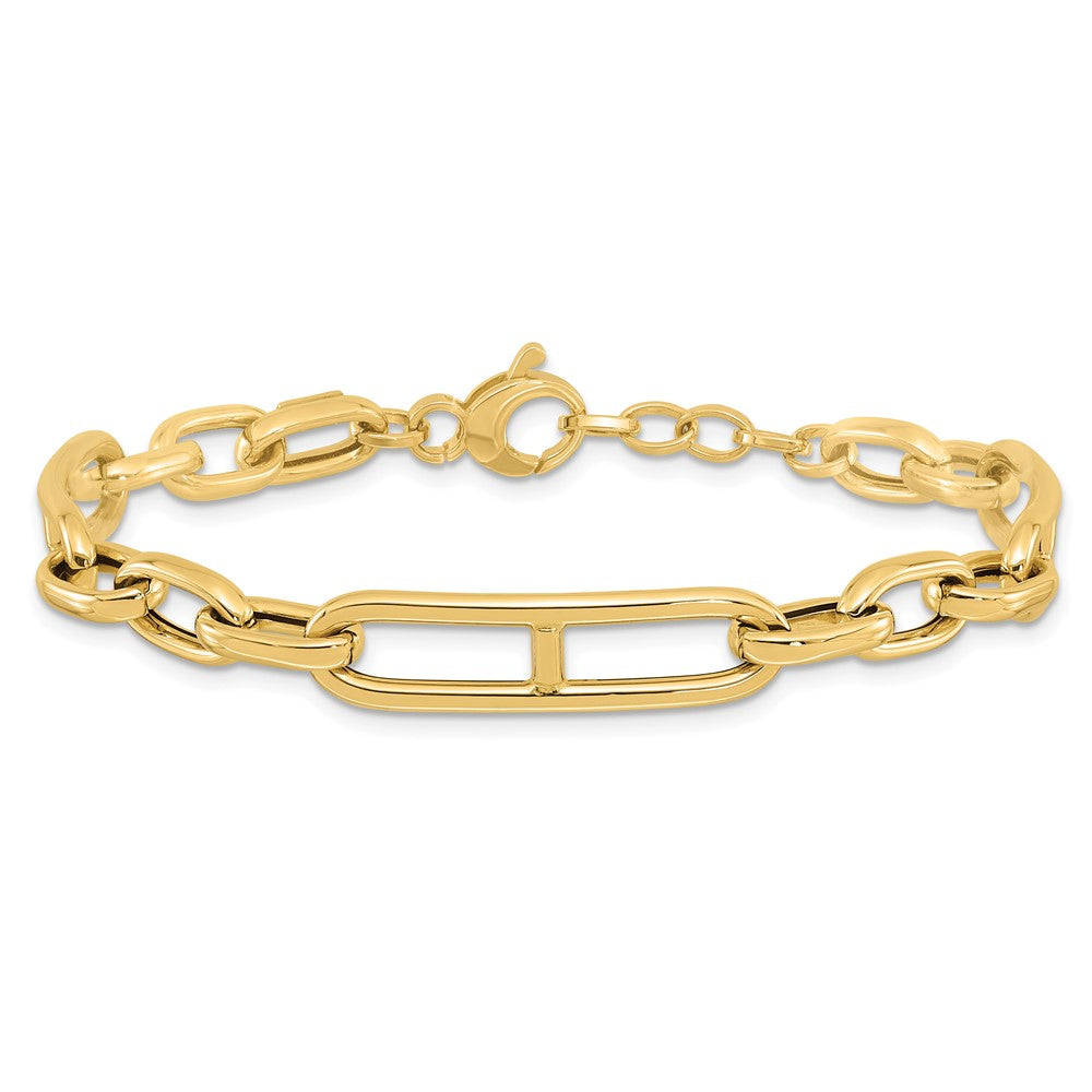 14K Polished 7.4mm Fancy Paperclip Link 7.5 inch Bracelet Plus 0.5 inch Extender
