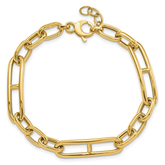14K Polished 7.4mm Fancy Paperclip Link 7.5 inch Bracelet Plus 0.5 inch Extender