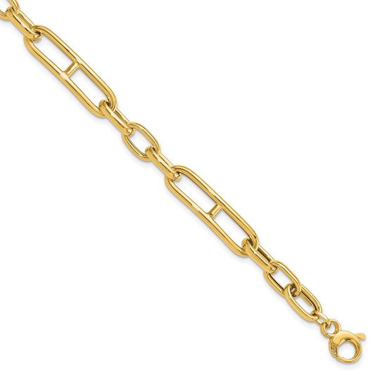 14K Polished 7.4mm Fancy Paperclip Link 7.5 inch Bracelet Plus 0.5 inch Extender
