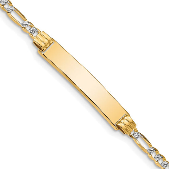 14k Polished with Rhodium Pav‚ Solid Chain/Solid Plate Figaro Link 25.5x5mm Plate 8 inch ID Bracelet
