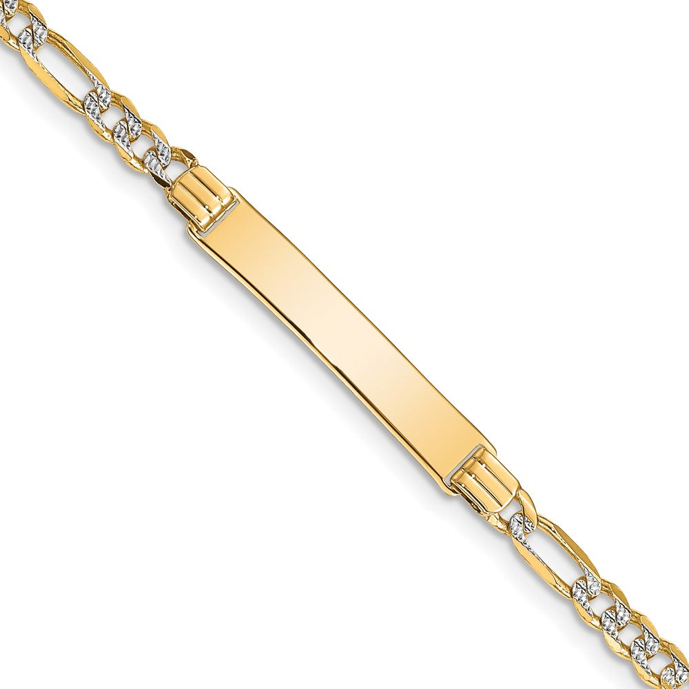 14k Polished with Rhodium Pav‚ Solid Chain/Solid Plate Figaro Link 25.5x5mm Plate 8 inch ID Bracelet