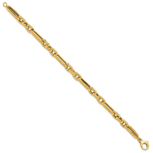 14K Polished and Textured 7.2mm Greek Key Design Figaro Cable Link 8 inch Bracelet