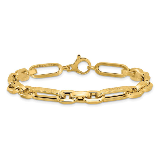 14K Polished and Textured 7.2mm Greek Key Design Figaro Cable Link 8 inch Bracelet