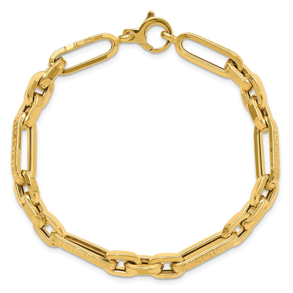 14K Polished and Textured 7.2mm Greek Key Design Figaro Cable Link 8 inch Bracelet