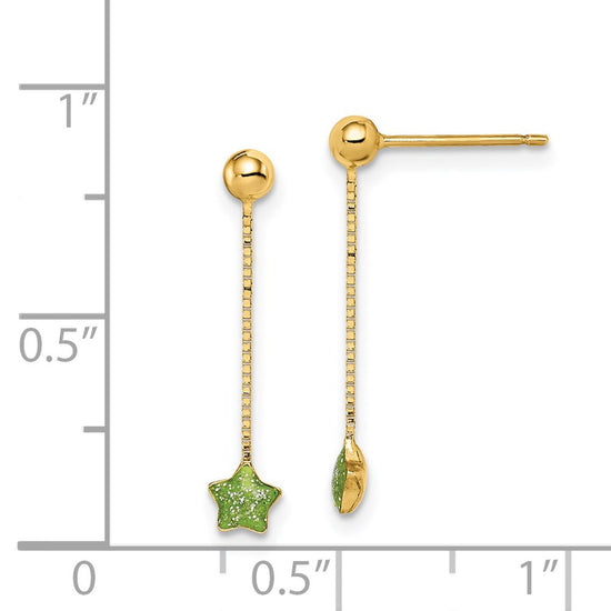 14k Madi K Green Enameled Star Chain Dangle Childrens Post Earrings