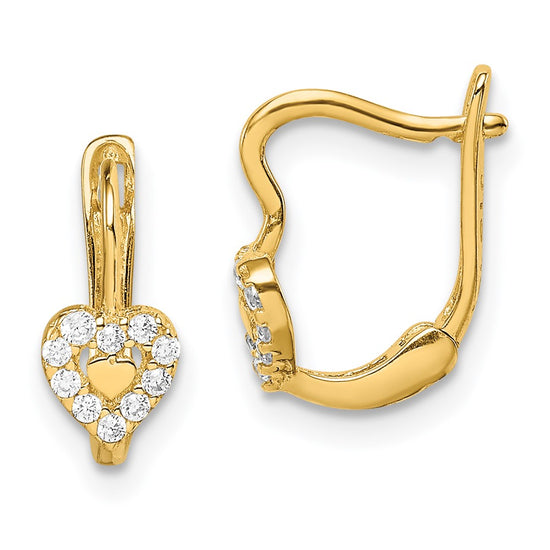 14k Madi K CZ Double Heart Childrens Hinged Earrings