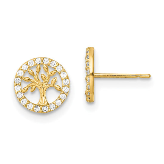 14K Madi K Polished White CZ Tree of Life Childrens Post Earrings