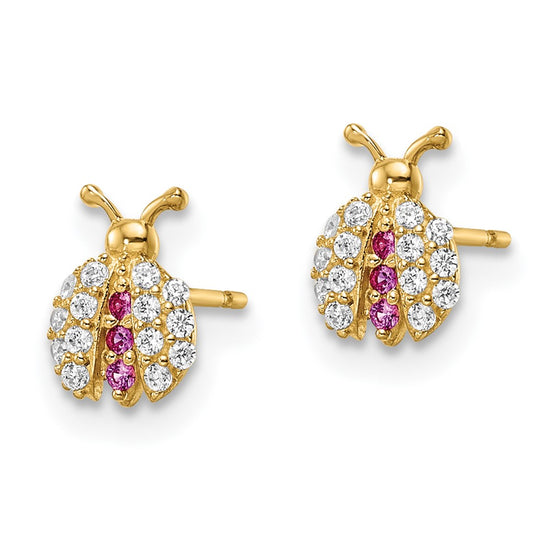 14k Madi K Clear and Red CZ Ladybug Post Earrings