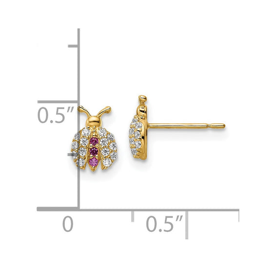 14k Madi K Clear and Red CZ Ladybug Post Earrings