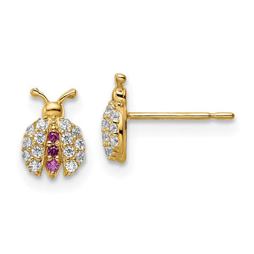 14k Madi K Clear and Red CZ Ladybug Post Earrings