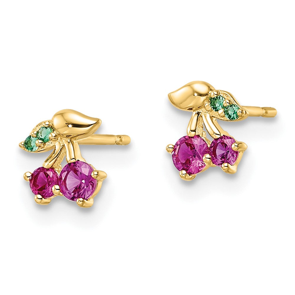 14k Madi K Red CZ and Green Glass Cherry Childrens Post Earrings
