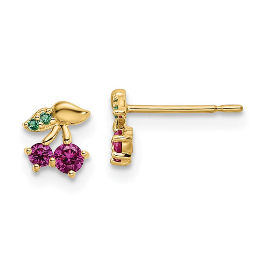 14k Madi K Red CZ and Green Glass Cherry Childrens Post Earrings