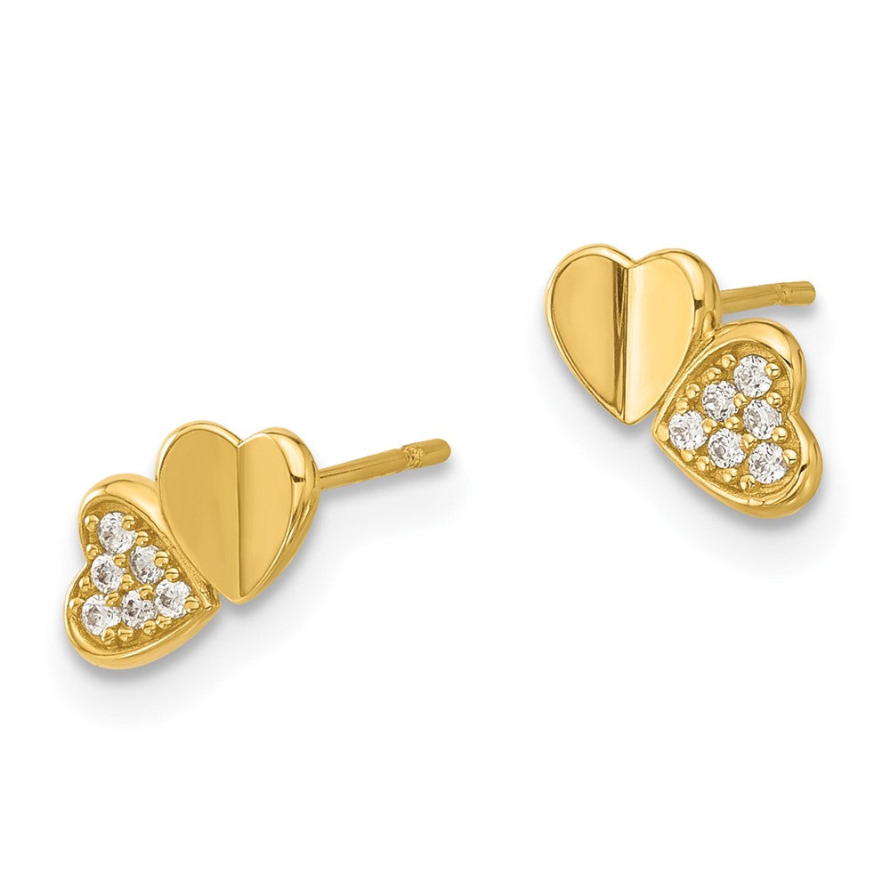 14k Madi K Polished CZ Double Hearts Childrens Post Earrings