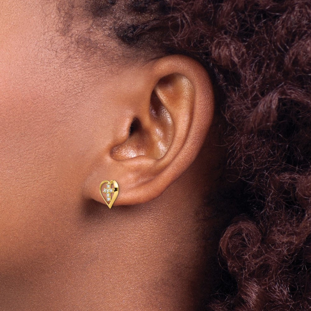 14k Madi K CZ Heart Cross Childrens Post Earrings